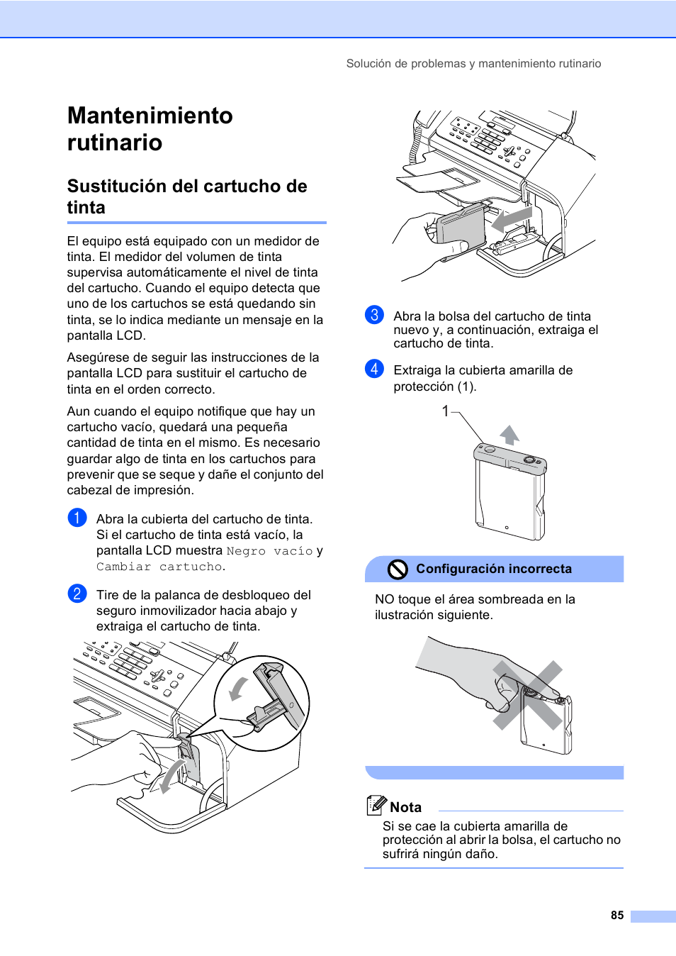 Mantenimiento rutinario, Sustitución del cartucho de tinta | Brother FAX-1560 Manual del usuario | Página 97 / 130