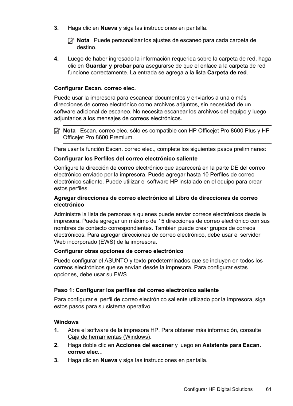 Configurar escan. correo elec | HP Officejet Pro 8600 Manual del usuario | Página 65 / 276