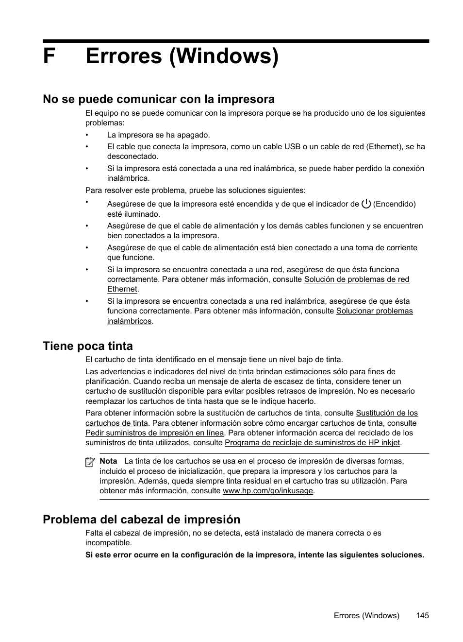 Ferrores (windows), No se puede comunicar con la impresora, Tiene poca tinta