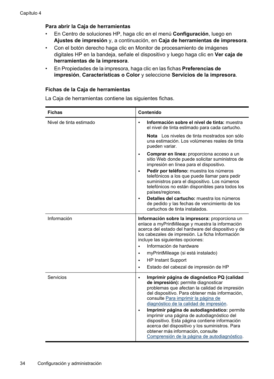 Para abrir la caja de herramientas, Fichas de la caja de herramientas | HP Impresora