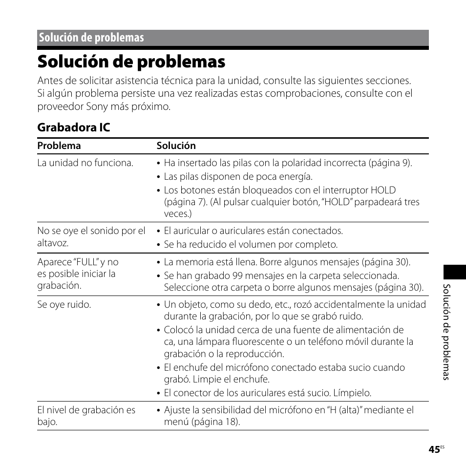 Solución de problemas, Grabadora ic | Sony ICD-P520 Manual del usuario | Página