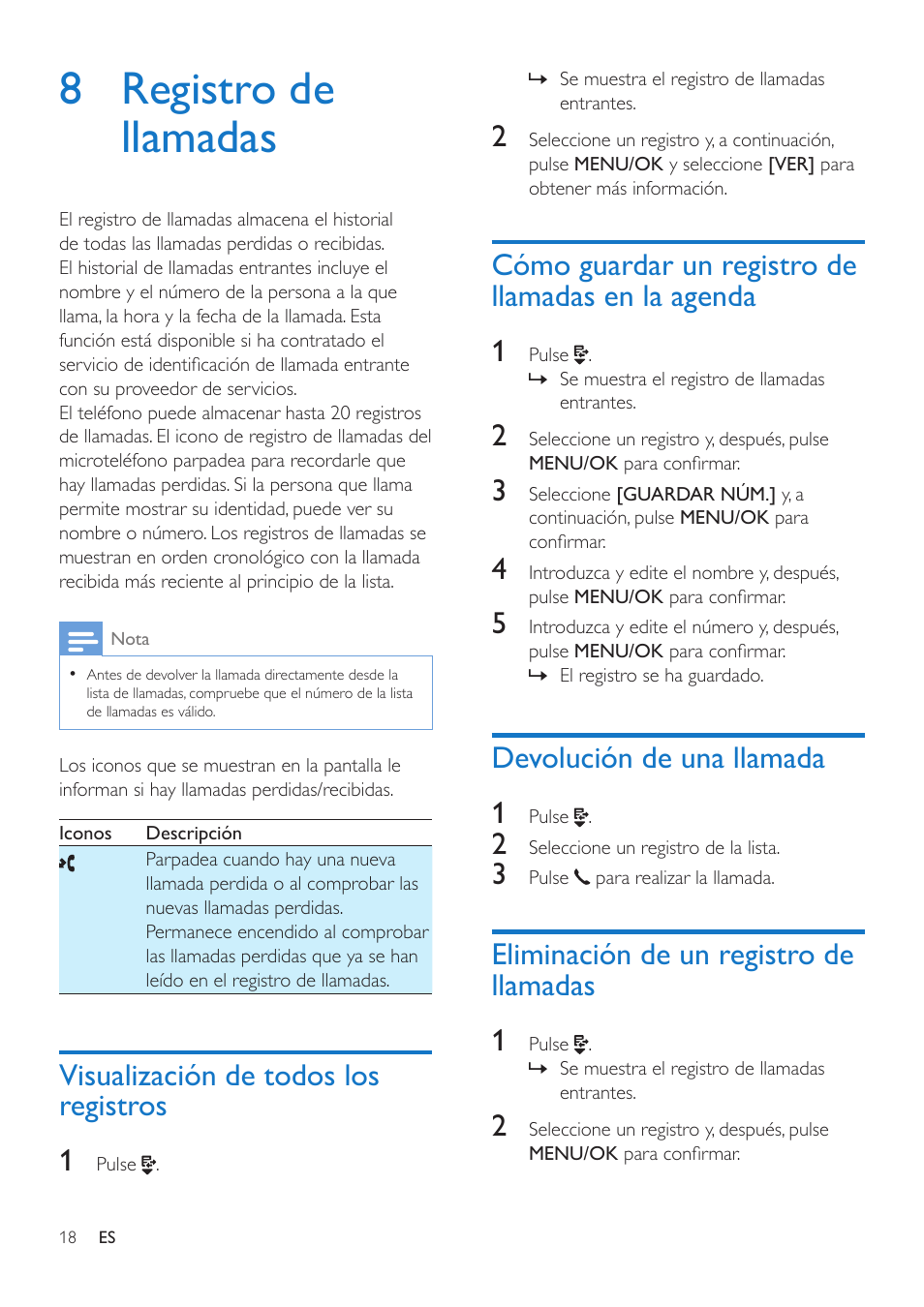 8 registro de llamadas visualización de todos los registros cómo