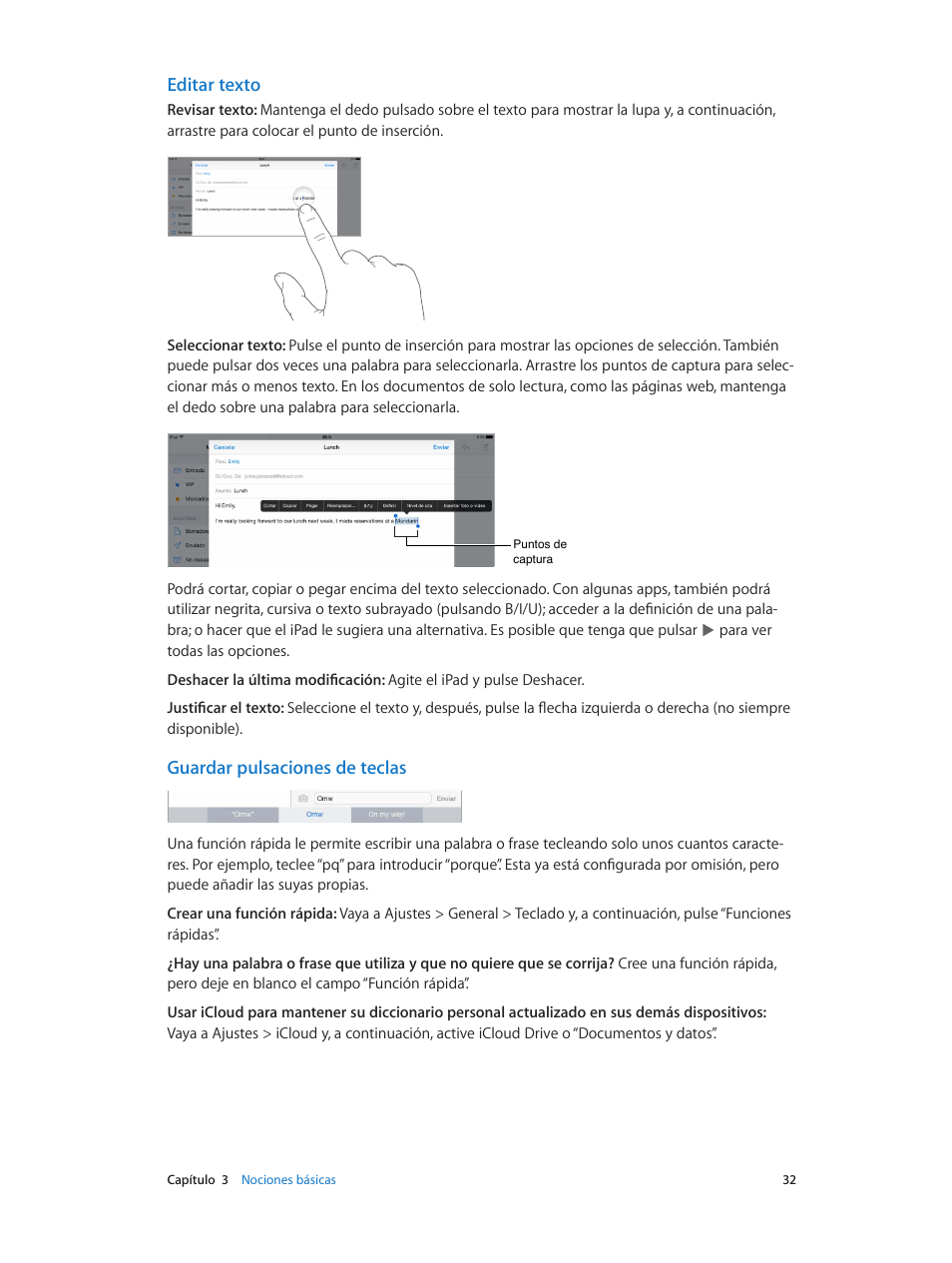 Editar texto, Guardar pulsaciones de teclas | Apple iPad iOS 8.1 Manual del usuario |