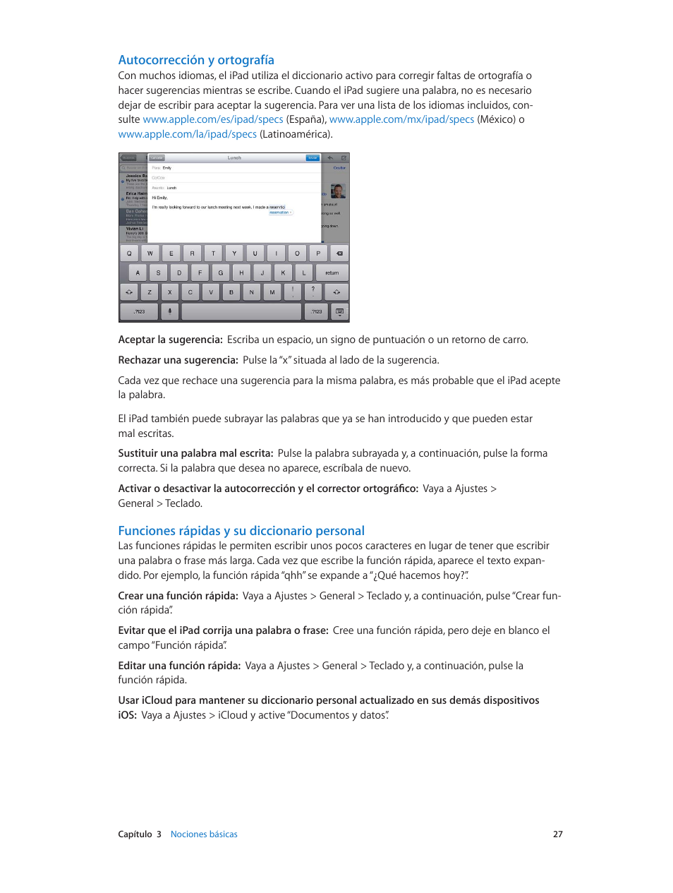 Autocorrección y ortografía, Funciones rápidas y su diccionario personal | Apple iPad iOS 6.1 Manual
