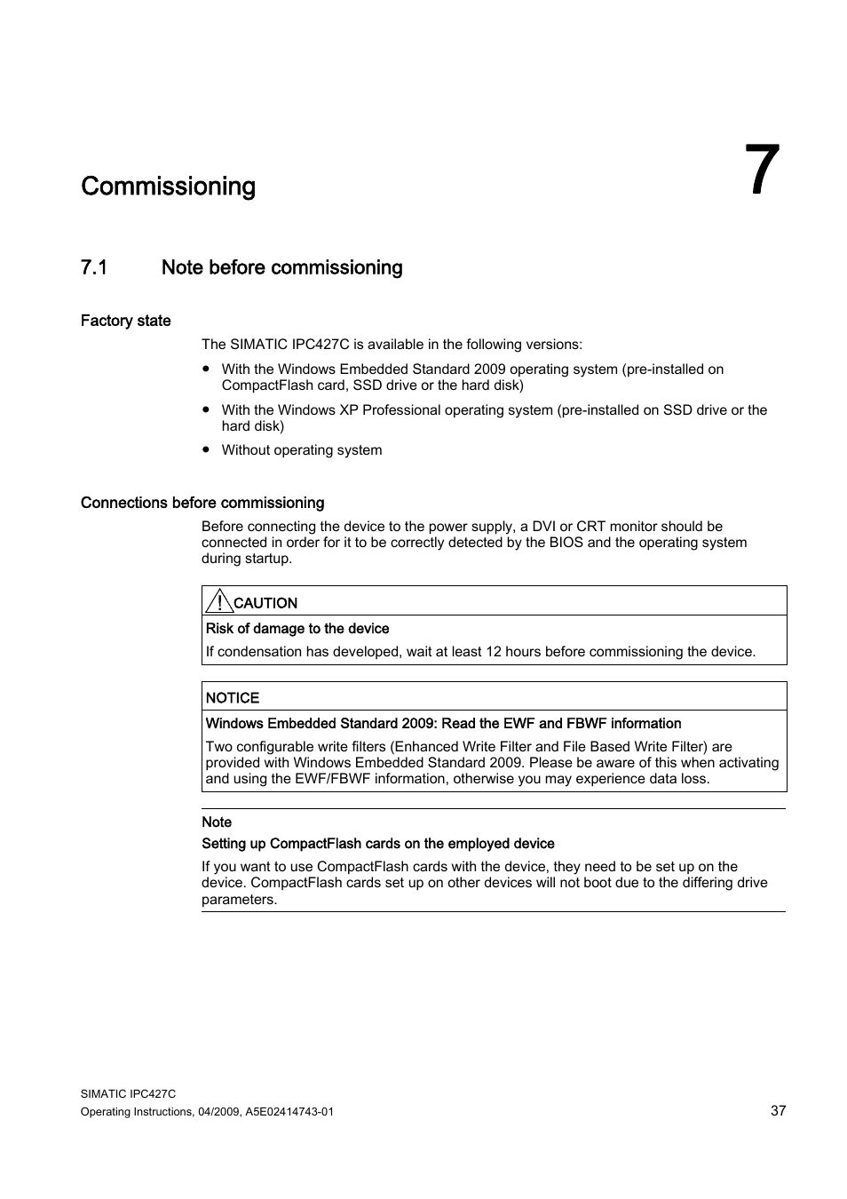 7 commissioning, 1 note before commissioning, Commissioning | Siemens Simatic Industrial PC IPC427C User Manual | Page 37 / 170