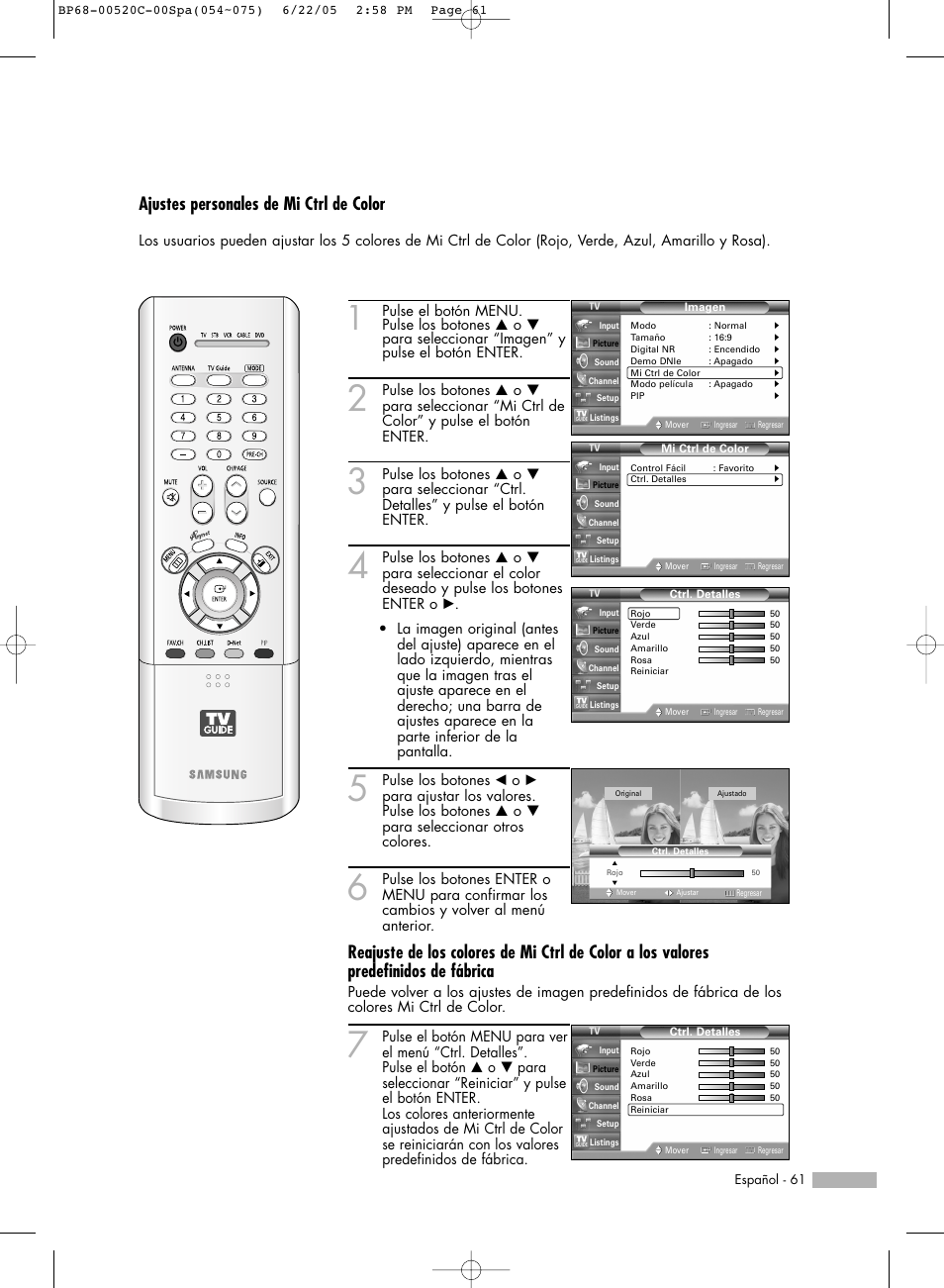 Ajustes personales de mi ctrl de color | Samsung ESPAOL - 2 HL-R6768W Manual del usuario | Página 61 / 144