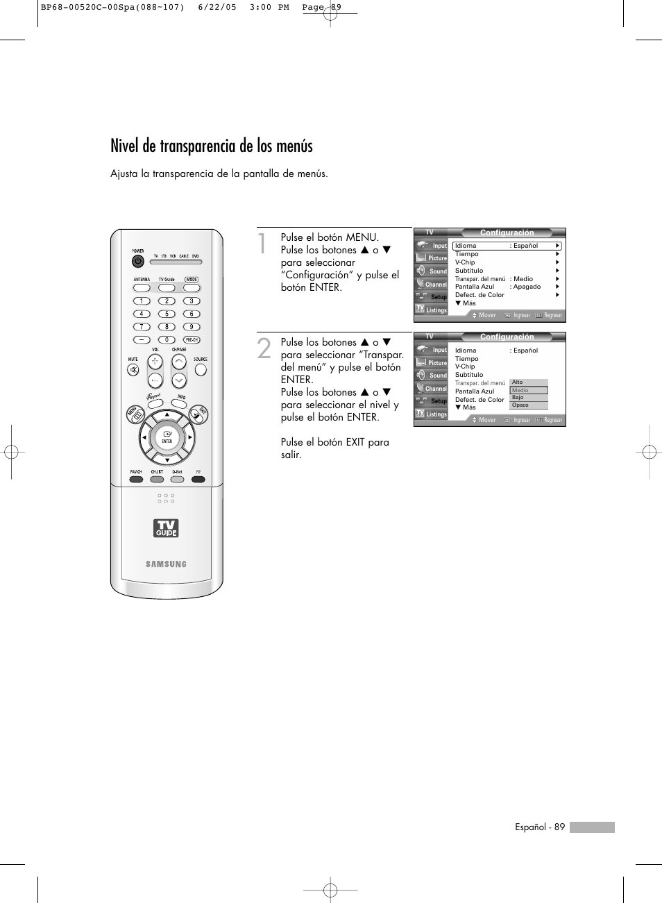 Nivel de transparencia de los menús | Samsung ESPAOL - 2 HL-R6768W Manual del usuario | Página 89 / 144