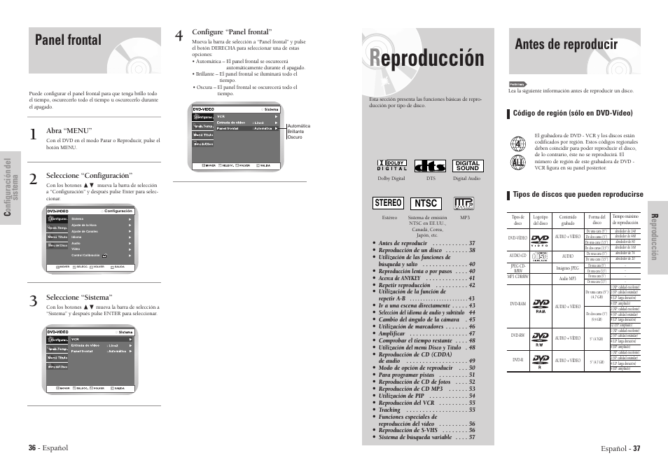 Reproducción, Antes de reproducir, Panel frontal | Ntsc, Stereo | Samsung DVD-VR300 Manual del usuario | Página 19 / 55