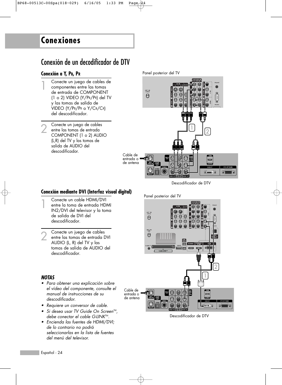 Conexiones, Conexión de un decodificador de dtv | Samsung HL-R5078W Manual del usuario | Página 24 / 144