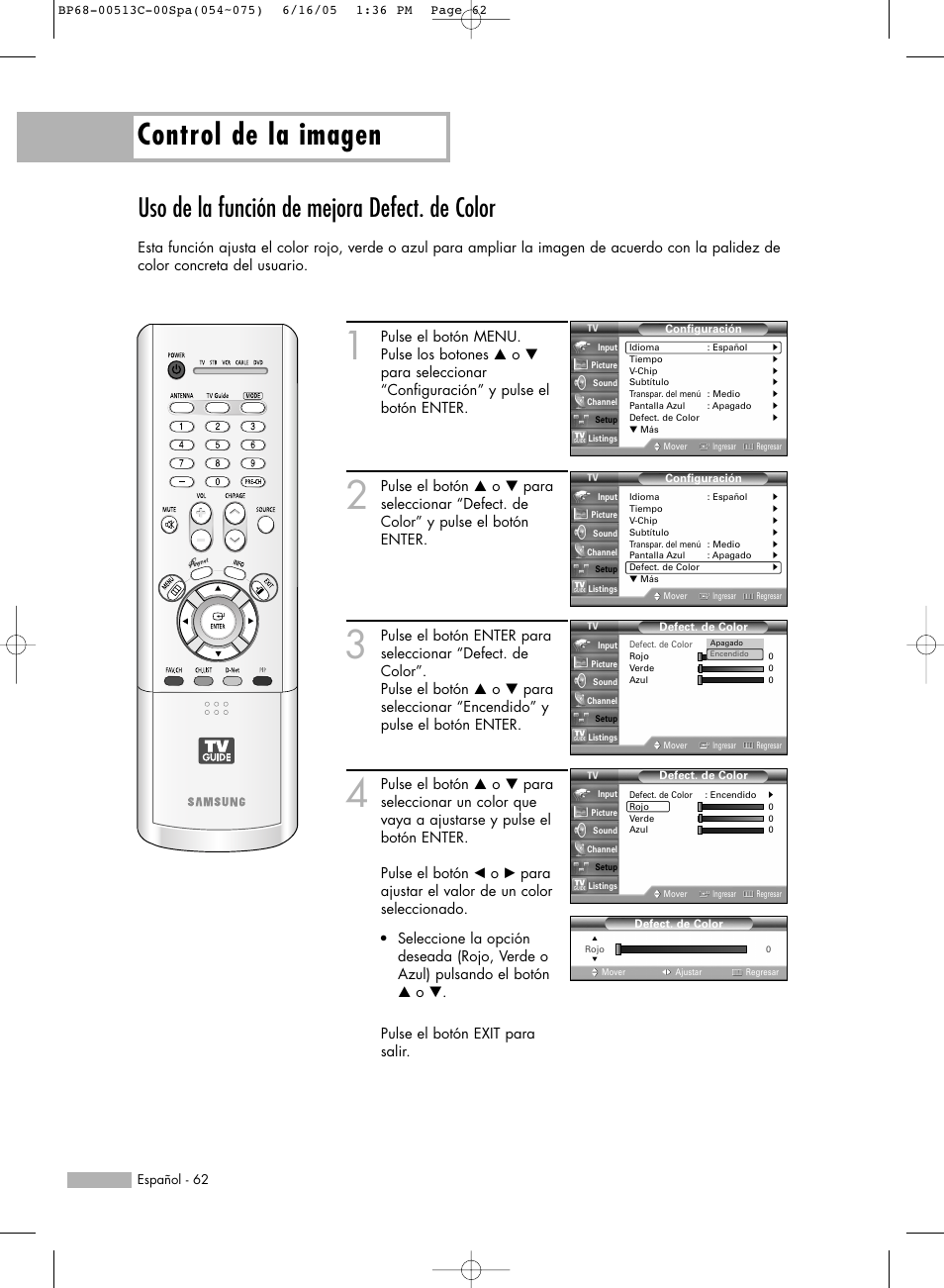 Control de la imagen, Uso de la función de mejora defect. de color | Samsung HL-R5078W Manual del usuario | Página 62 / 144