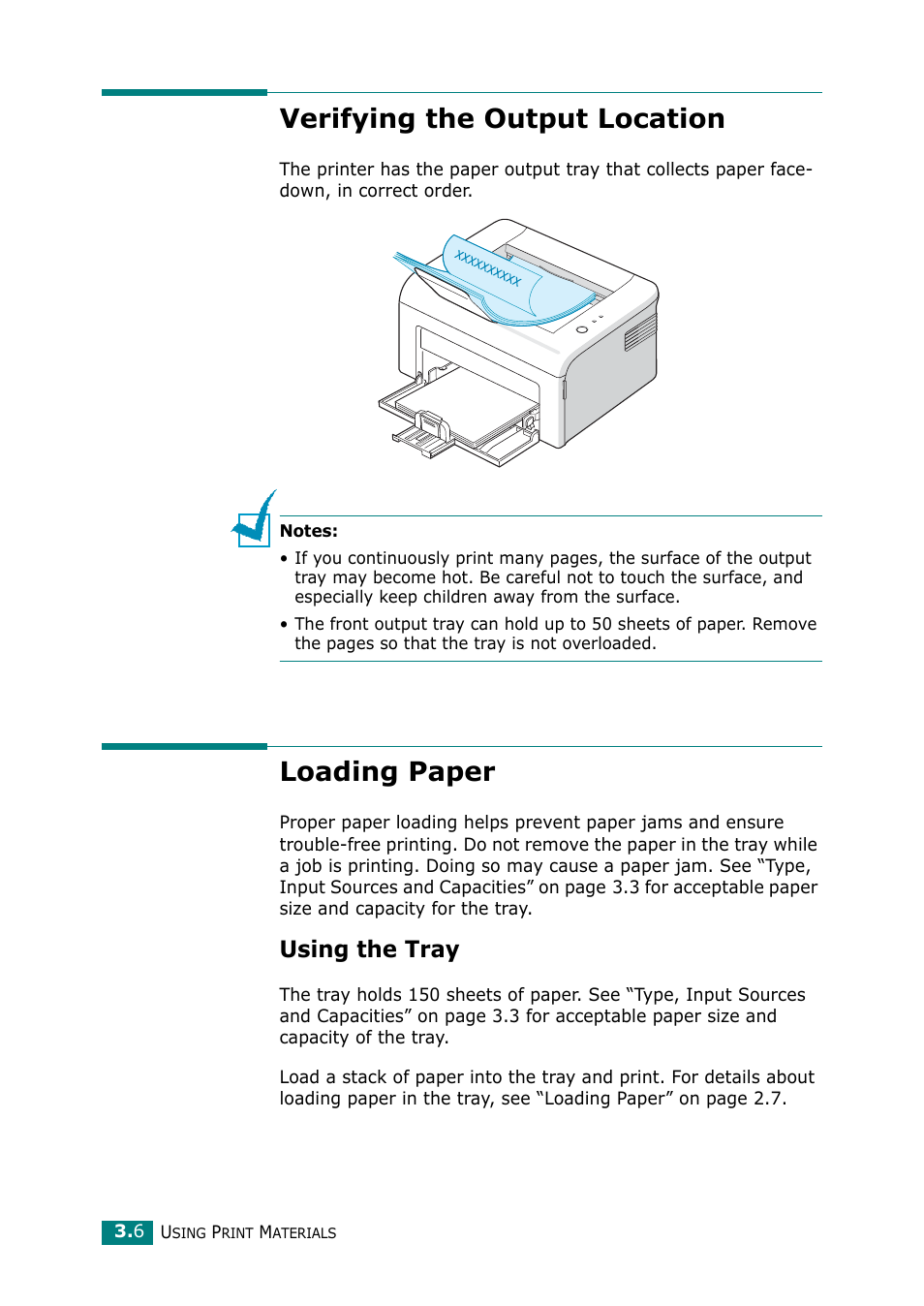 Verifying the output location, Loading paper, Using the tray | Verifying the output location loading paper | Samsung ML-1610 User Manual | Page 37 / 108