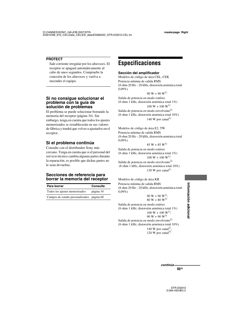 Especificaciones, Si el problema continúa | Sony MULTI CHANNEL AV RECEIVER STR-DG910 Manual del usuario | Página 95 / 100