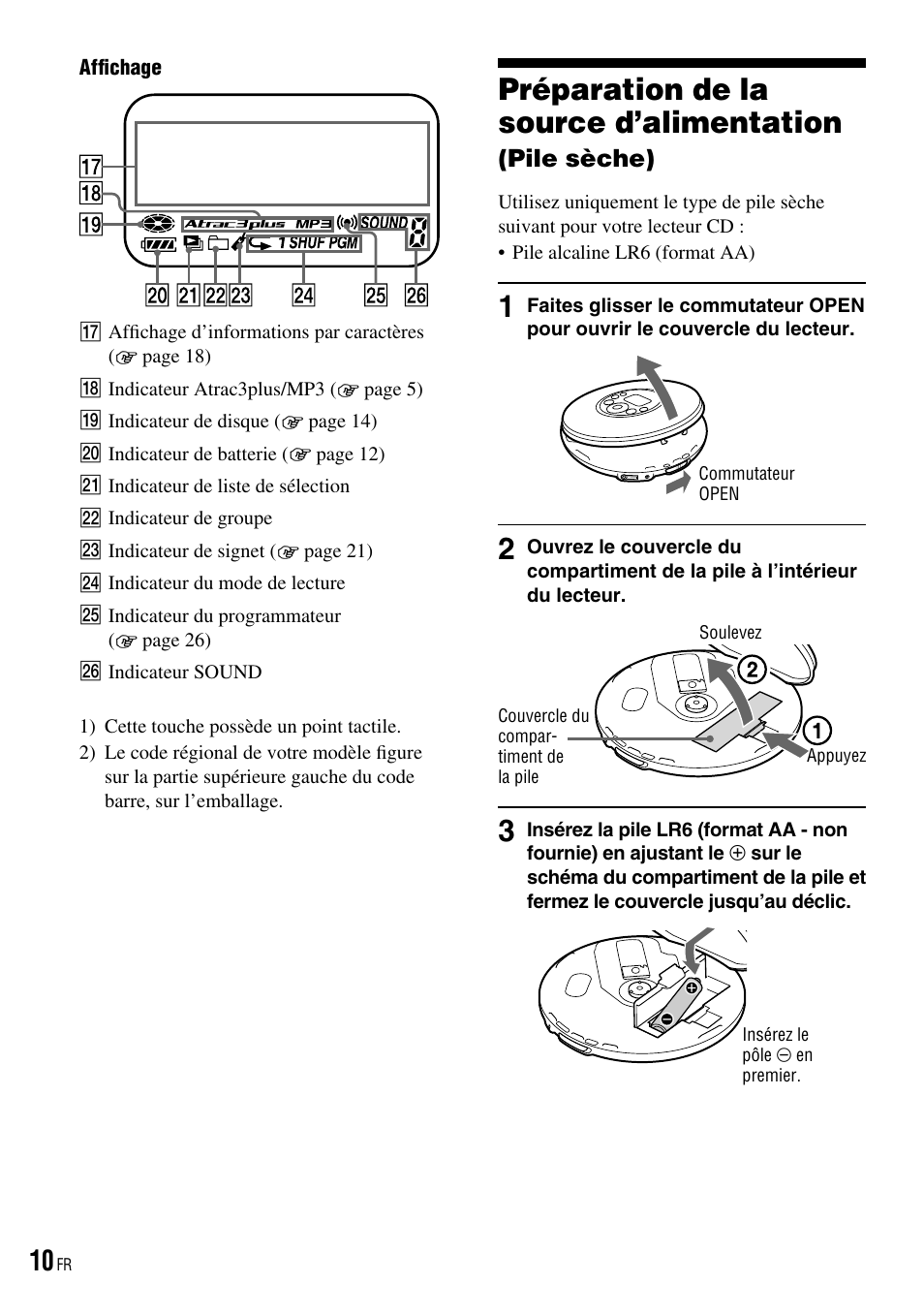 Préparation de la source, D’alimentation (pile sèche), Préparation de la source d’alimentation | Pile sèche) | Sony ATRAC CD WALKMAN NE320 Manual del usuario | Página 42 / 99