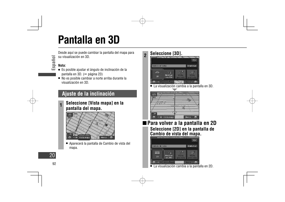 Pantalla en 3d, Ajuste de la inclinación, Para volver a la pantalla en 2d | Panasonic CA-LSR10U Manual del usuario | Página 20 / 36