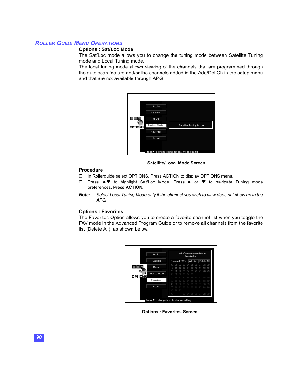 Oller, Uide, Perations | Satellite/local mode screen, Options : favorites screen | Panasonic TU-HDS20 User Manual | Page 91 / 101