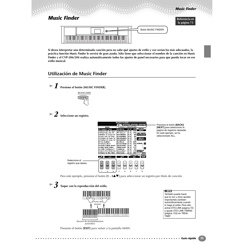 Music finder, Utilización de music finder | Yamaha Clavinova CVP-206/204 Manual del usuario | Página 33 / 172