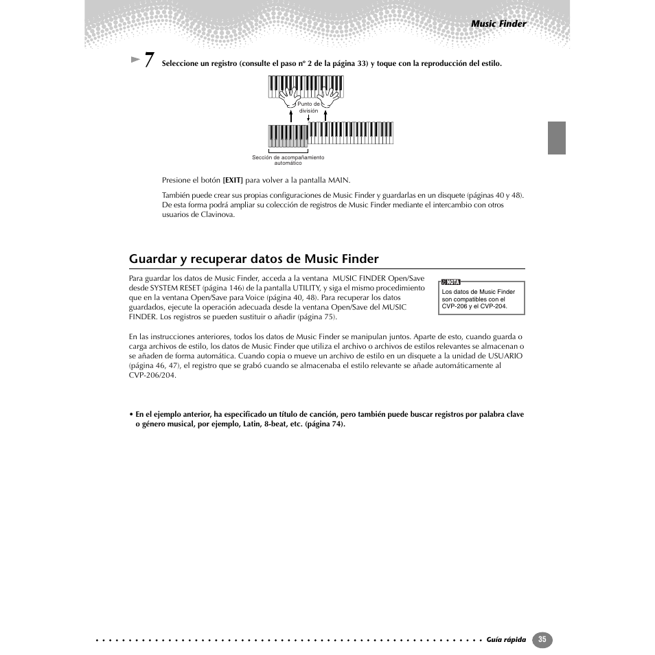 Guardar y recuperar datos de music finder | Yamaha Clavinova CVP-206/204 Manual del usuario | Página 35 / 172