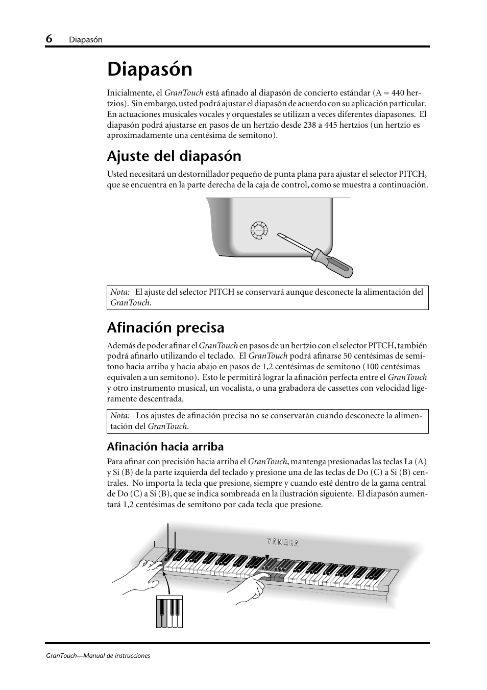Diapasón, Ajuste del diapasón, Afinación precisa | Afinación hacia arriba | Yamaha GranTouch GT7 Manual del usuario | Página 11 / 19