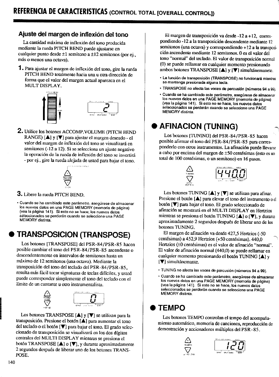 Libere la rueda pitch bend, Transposicion (transpose), Afinacion (tuning) | Tempo, Referencia de cara0eristicas, T p n | Yamaha Portatone PSR-85 Manual del usuario | Página 14 / 48
