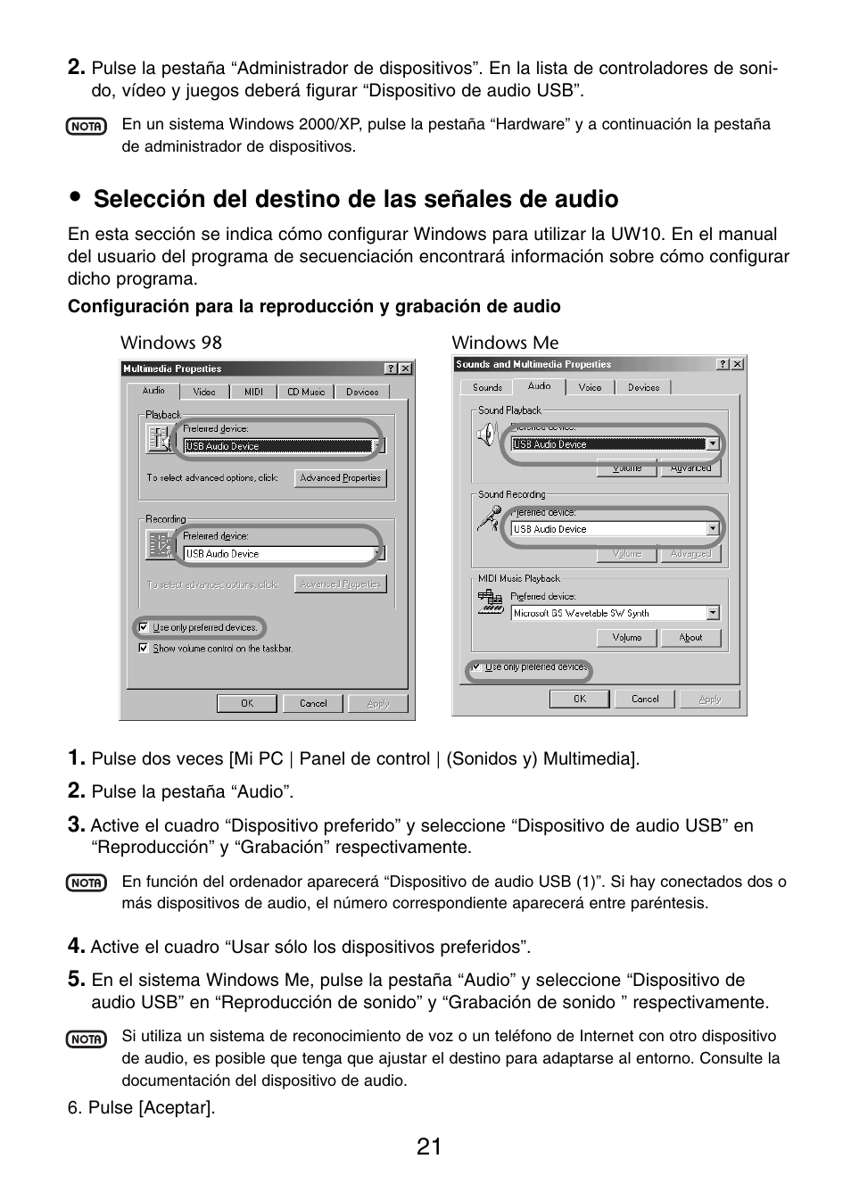 Selección del destino de las señales de audio | Yamaha UW10 Manual del usuario | Página 21 / 34