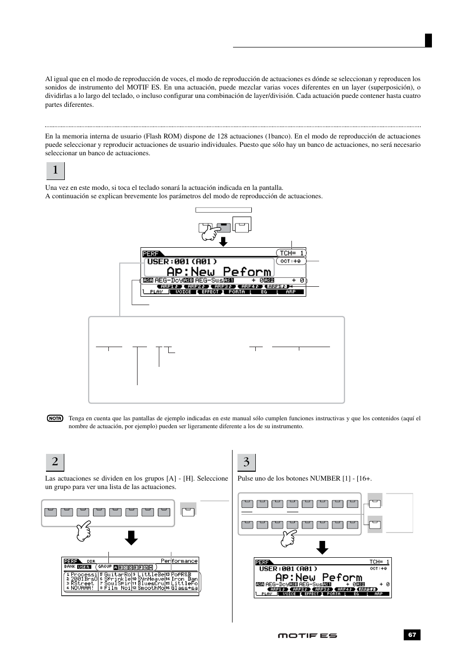 Selección de una actuación | Yamaha MOTIF ES8 Manual del usuario | Página 67 / 297