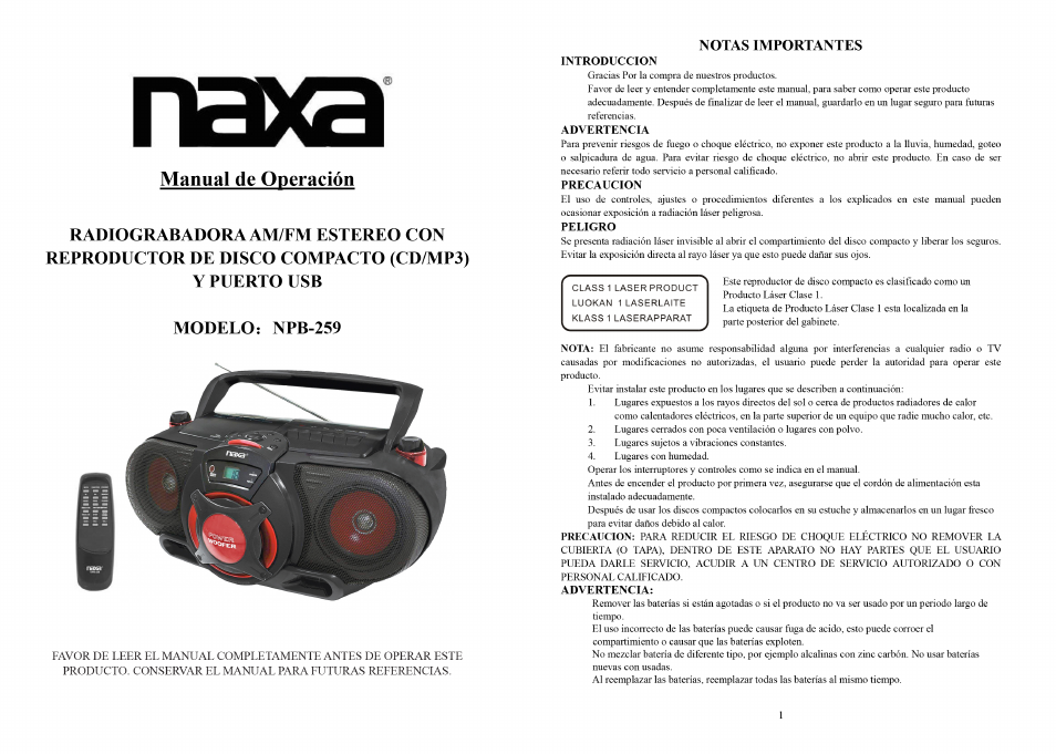 Naxa NPB-259 Manual del usuario | Páginas: 6