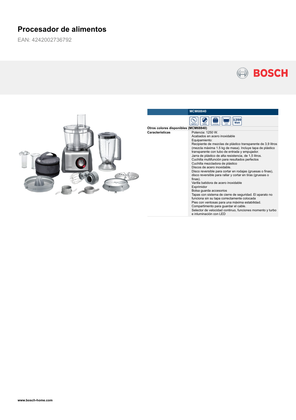 Bosch MCM68840 Procesador de alimentos EAN 4242002736792 Manual del usuario | Páginas: 2