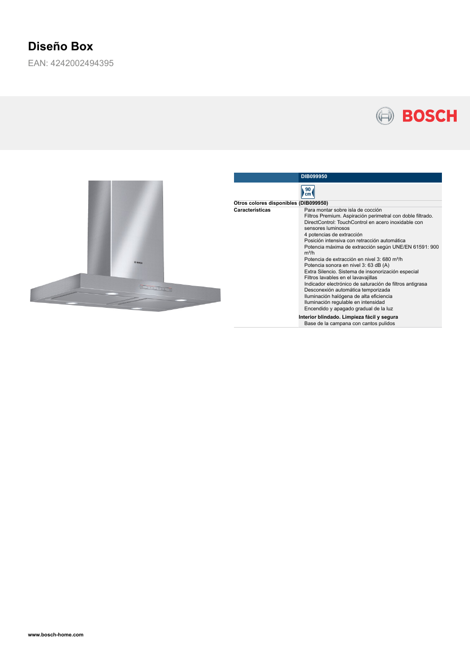 Bosch DIB099950 Diseño Box EAN 4242002494395 Ancho 90 cm Manual del usuario | Páginas: 3