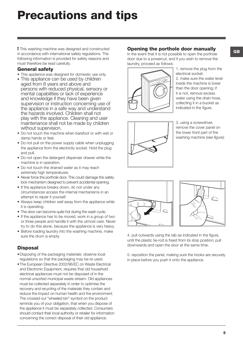 Precautions and tips | Hotpoint Ariston WMG 922X EU User Manual | Page 5 / 48