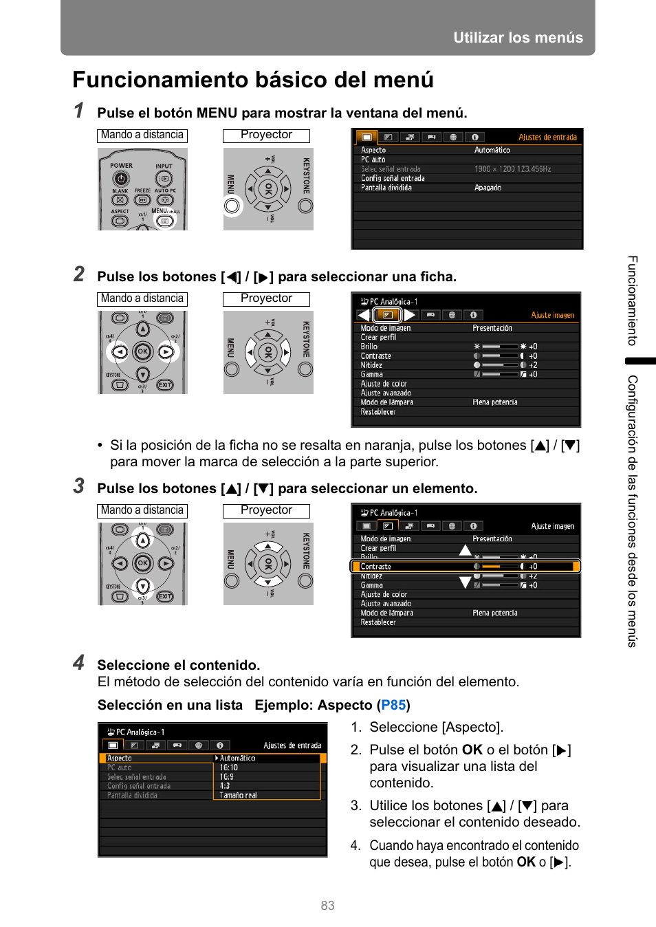 Funcionamiento básico del menú, Ón ok | Canon XEED WUX450 Manual del usuario | Página 83 / 317