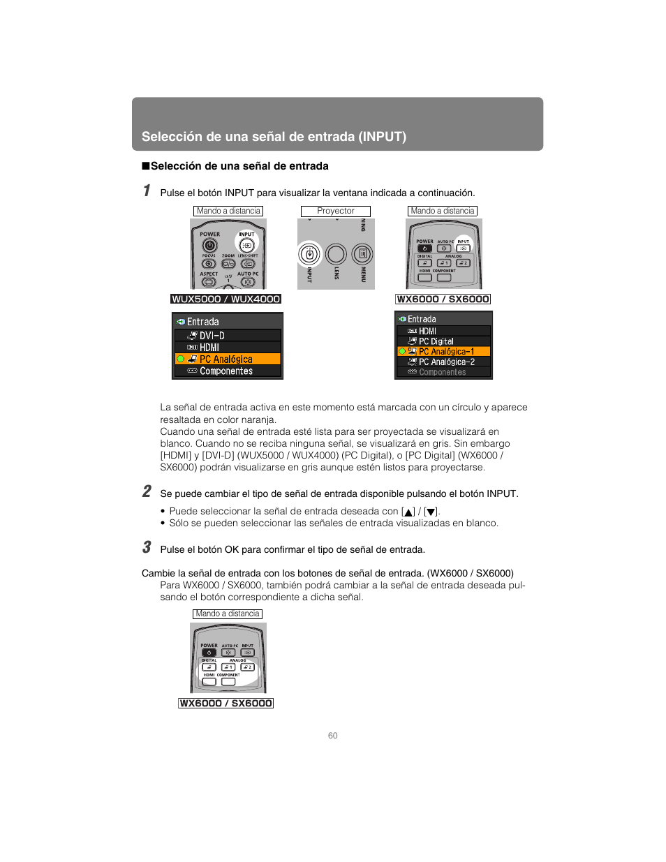 Selección de una señal de entrada, Botón input, Otón input | Canon XEED WUX4000 Manual del usuario | Página 60 / 242