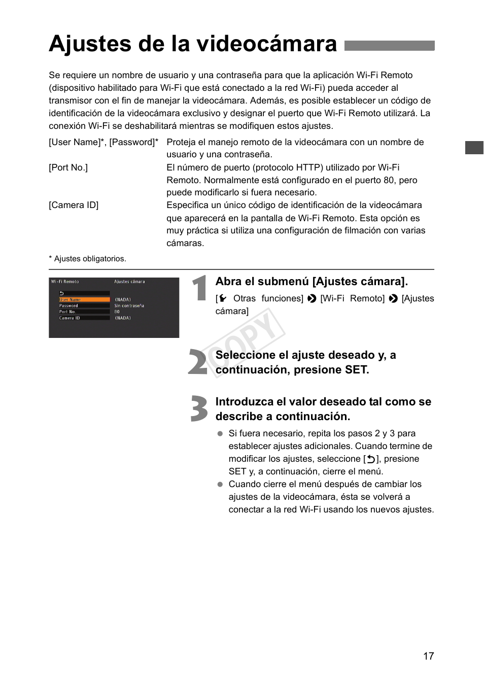 Ajustes de la videocámara, Cop y | Canon EOS C500 Manual del usuario | Página 17 / 45