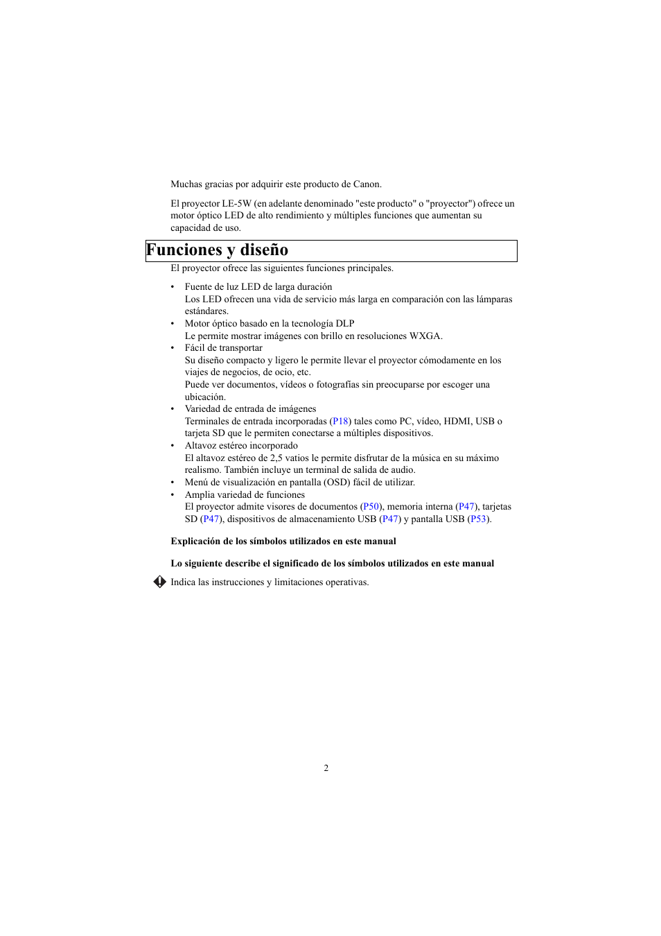 Funciones y diseño | Canon LE-5W Manual del usuario | Página 2 / 103