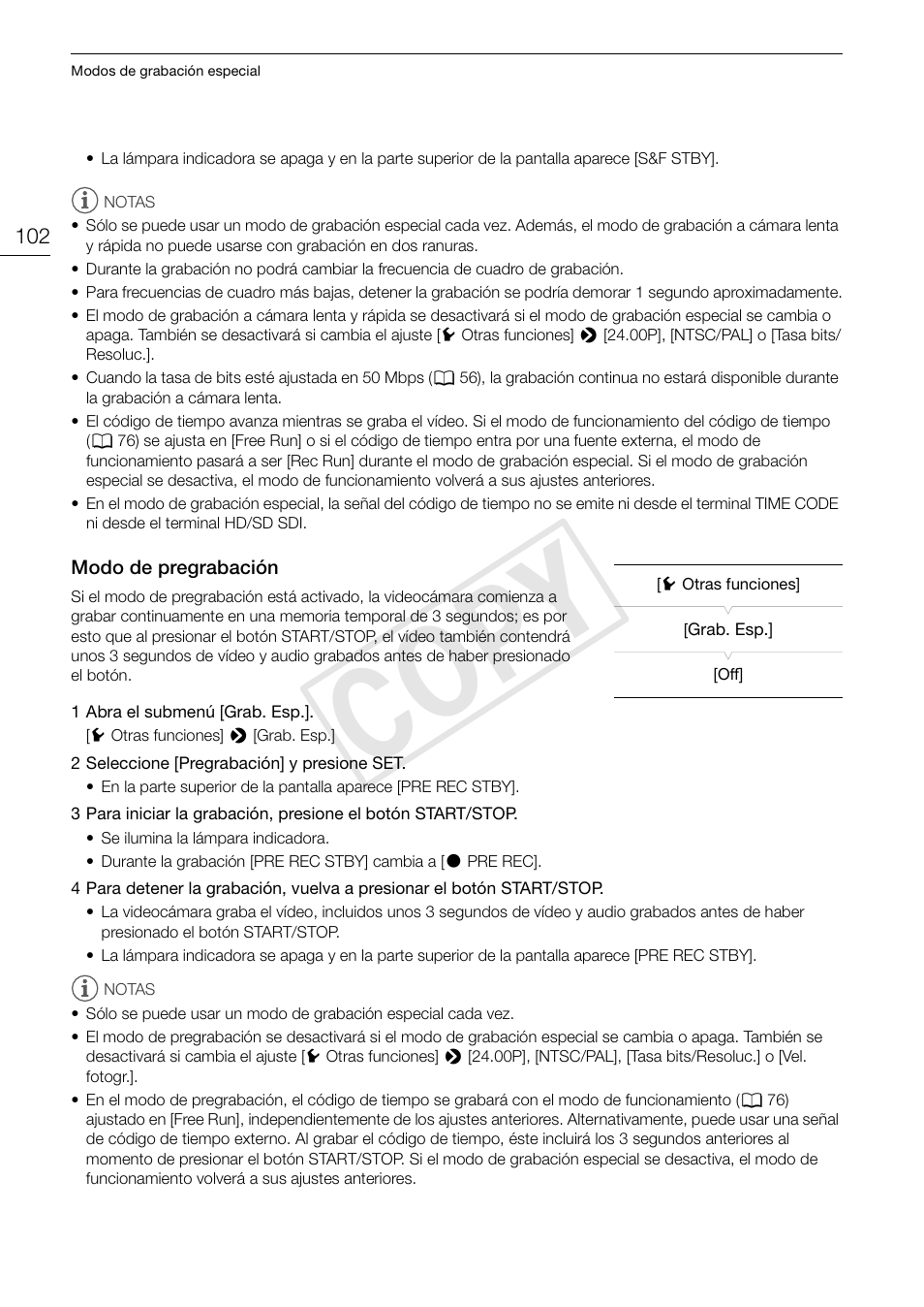 Modo de pregrabación 102, Cop y | Canon EOS C300 PL Manual del usuario | Página 102 / 190