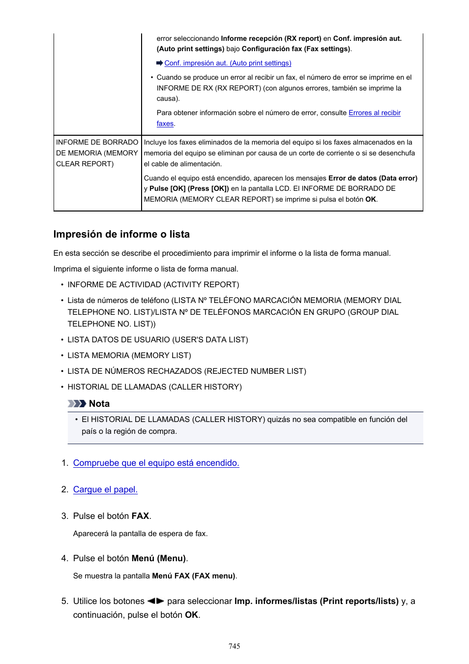 Impresión de informe o lista | Canon PIXMA MX475 Manual del usuario | Página 745 / 973