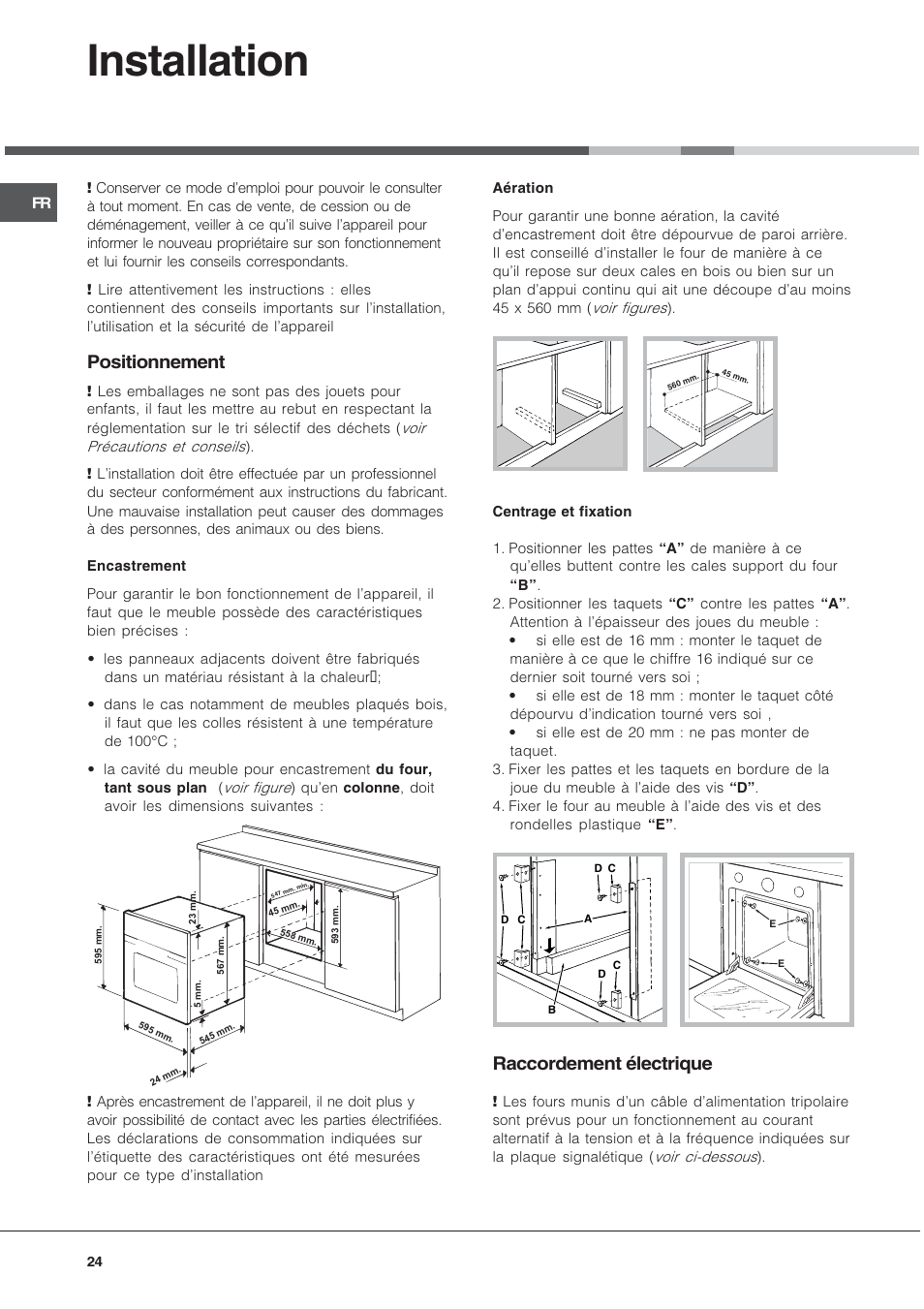 Installation, Positionnement, Raccordement électrique | Hotpoint Ariston FT 850.1/HA User Manual | Page 24 / 56