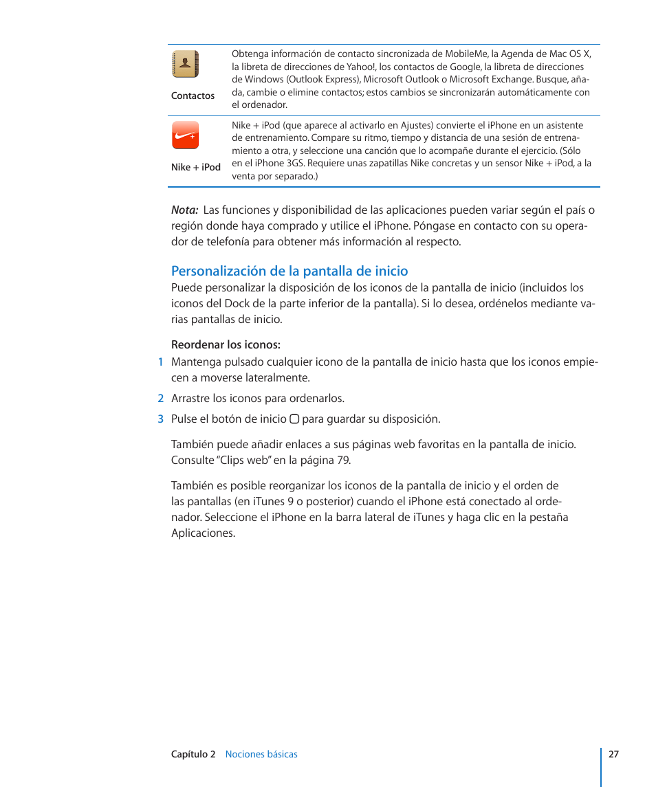 Personalización de la pantalla de inicio | Apple iPhone (Para software iOS 3.1) Manual del usuario | Página 27 / 225