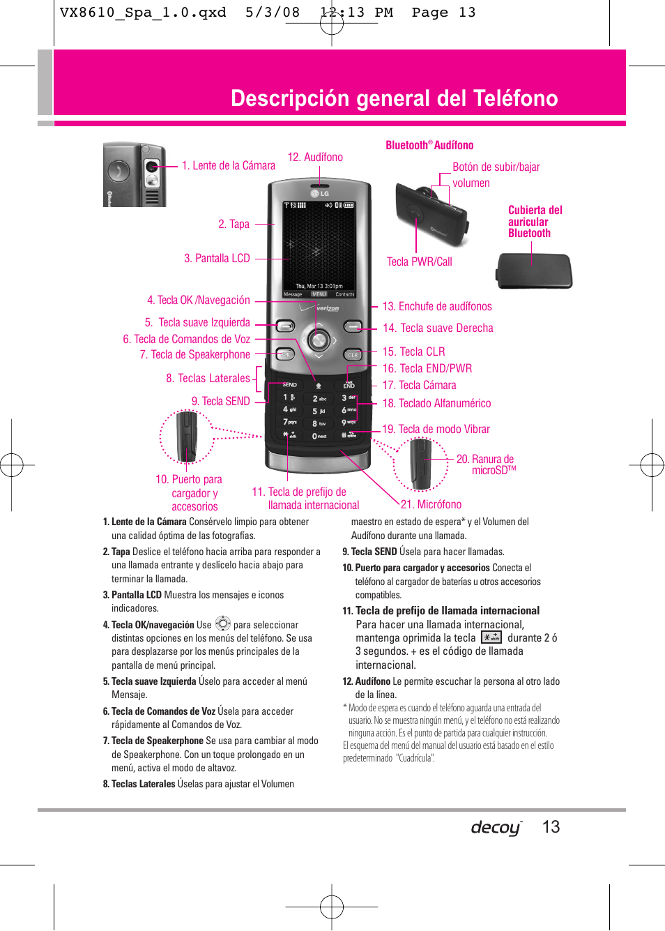 Descripción general del teléfono | LG LGVX8610LK Manual del usuario | Página 13 / 149
