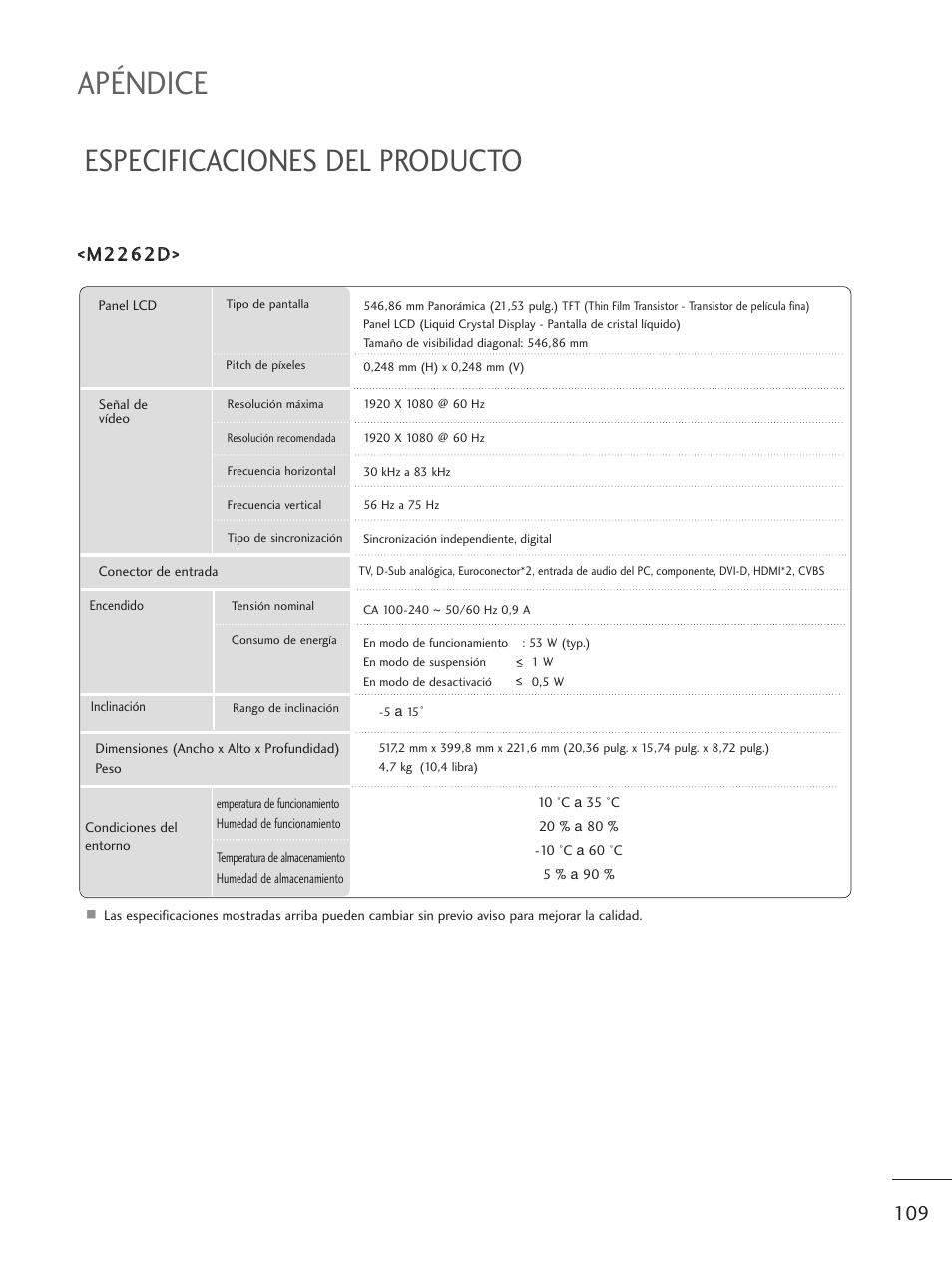 M2262d, Apéndice, Especificaciones del producto | LG M1962D-PZ Manual del usuario | Página 111 / 124