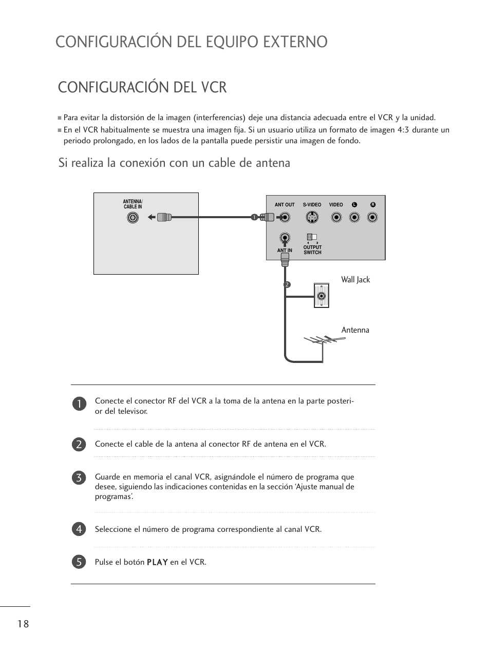 Configuración del vcr, Si realiza la conexión con un cable de antena, Configuración del equipo externo | LG M1962D-PZ Manual del usuario | Página 20 / 124