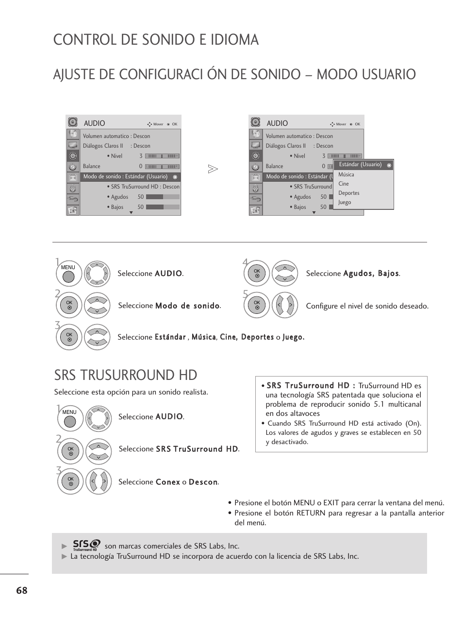 Ajuste de configuraci ón de sonido – modo usuario, Srs trusurround hd, Control de sonido e idioma | LG M1962D-PZ Manual del usuario | Página 70 / 124