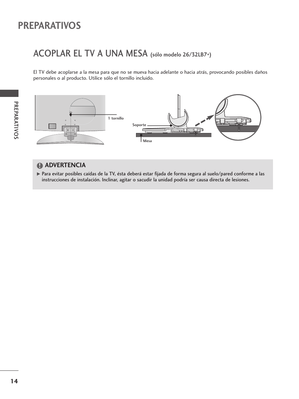 Acoplar el tv a una mesa, Preparativos | LG 32LB75 Manual del usuario | Página 16 / 120