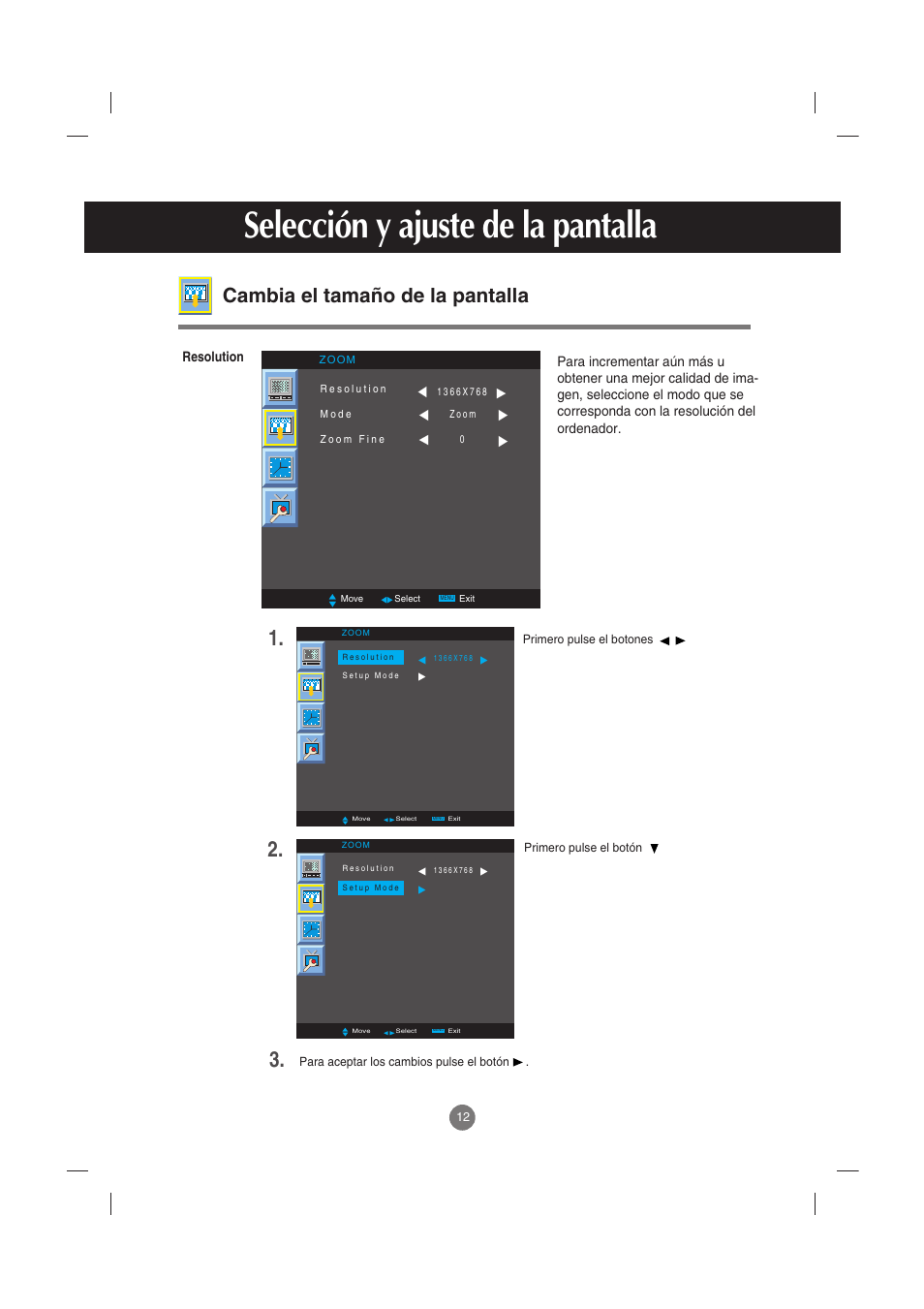 Cambia el tamaño de la pantalla, Selección y ajuste de la pantalla | LG M2900S-BN Manual del usuario | Página 13 / 32