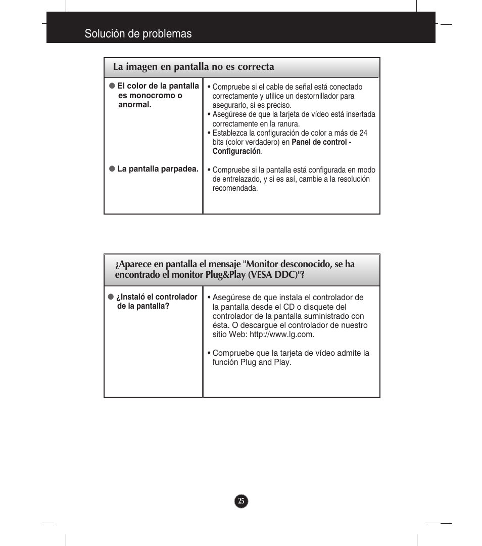 Solución de problemas | LG E1941S Manual del usuario | Página 26 / 39