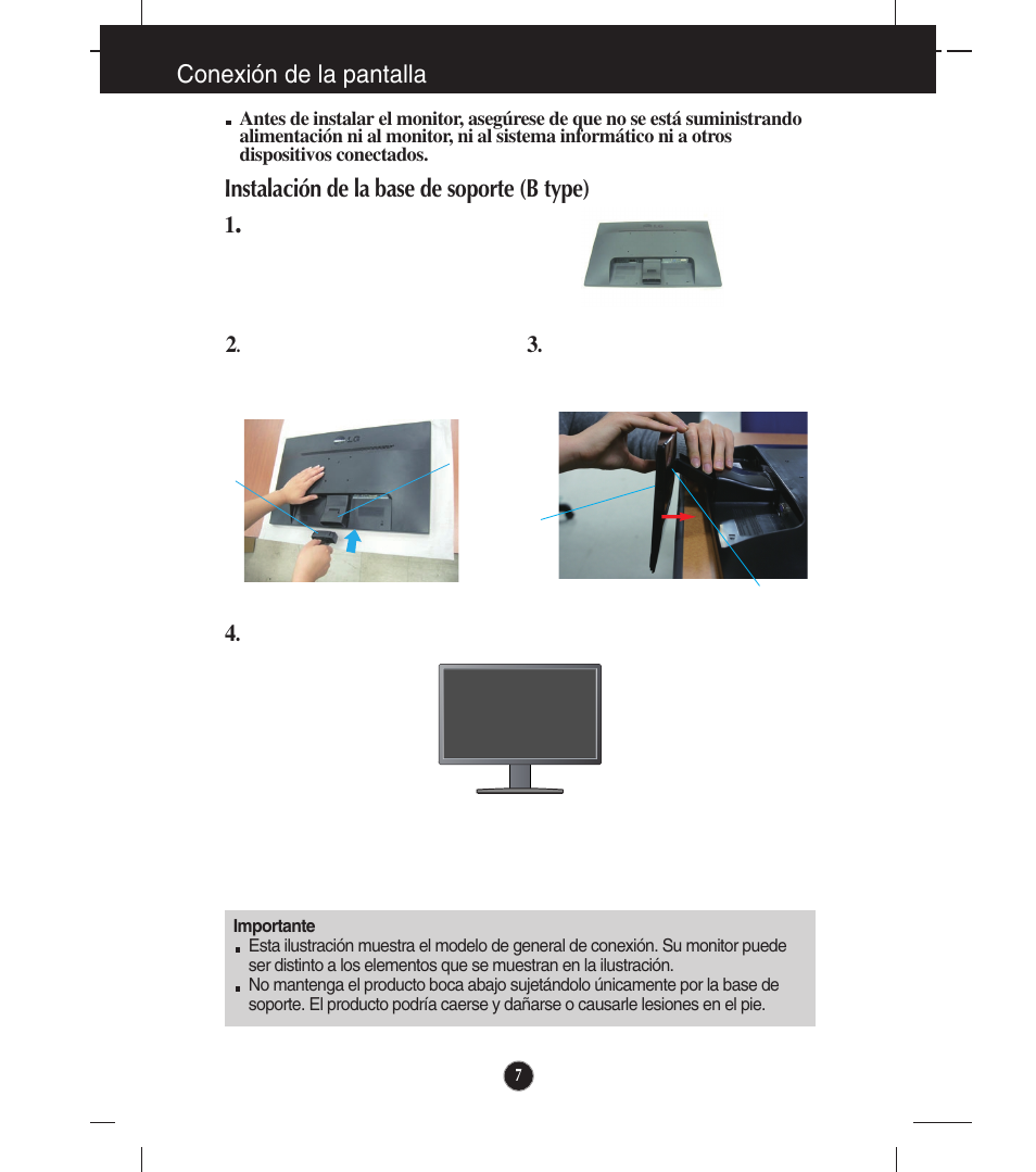Instalación de la base de soporte(b type), Conexión de la pantalla, Instalación de la base de soporte (b type) | LG E1941S Manual del usuario | Página 8 / 39