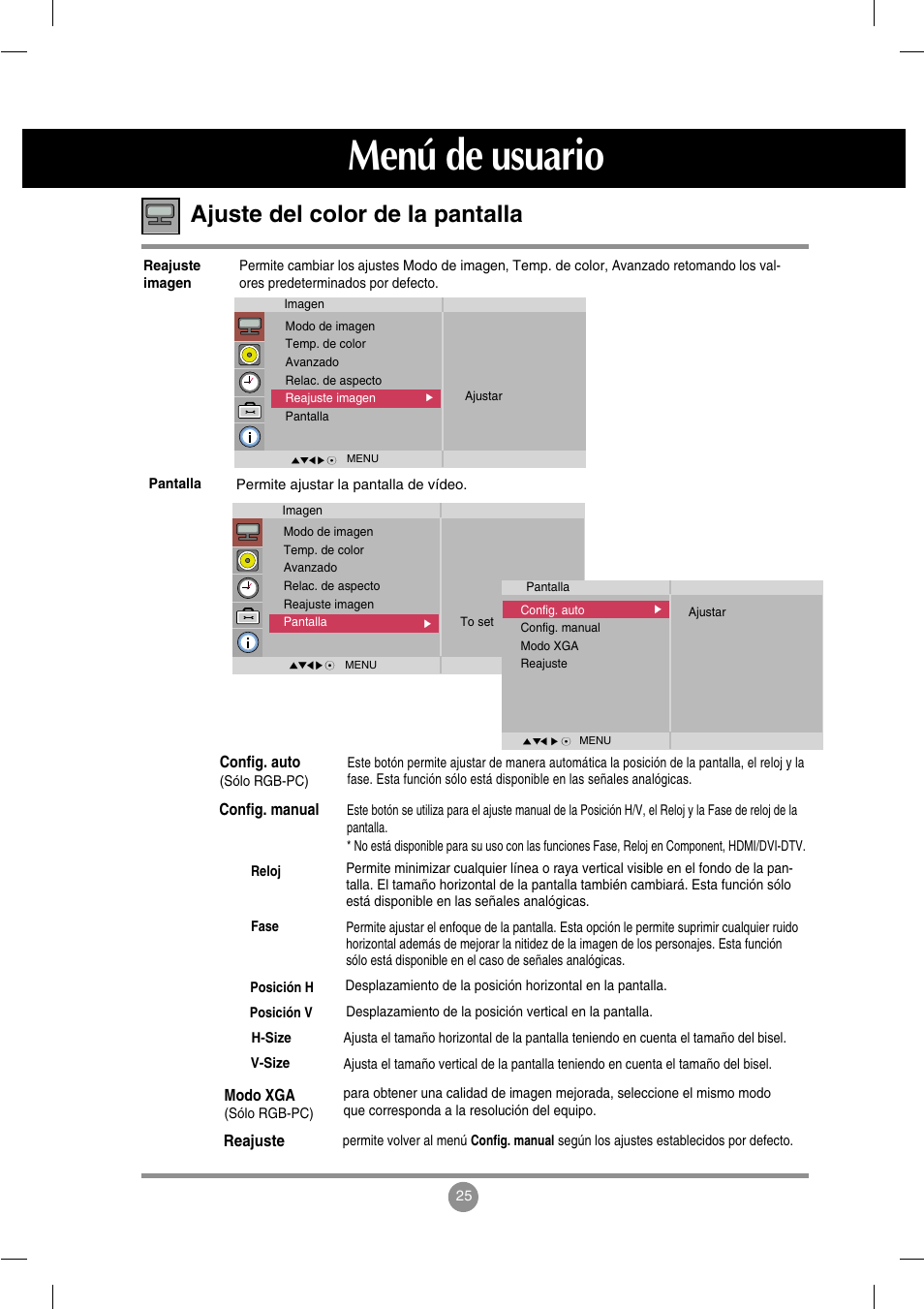 Menú de usuario, Ajuste del color de la pantalla | LG M3702C-BA Manual del usuario | Página 26 / 67