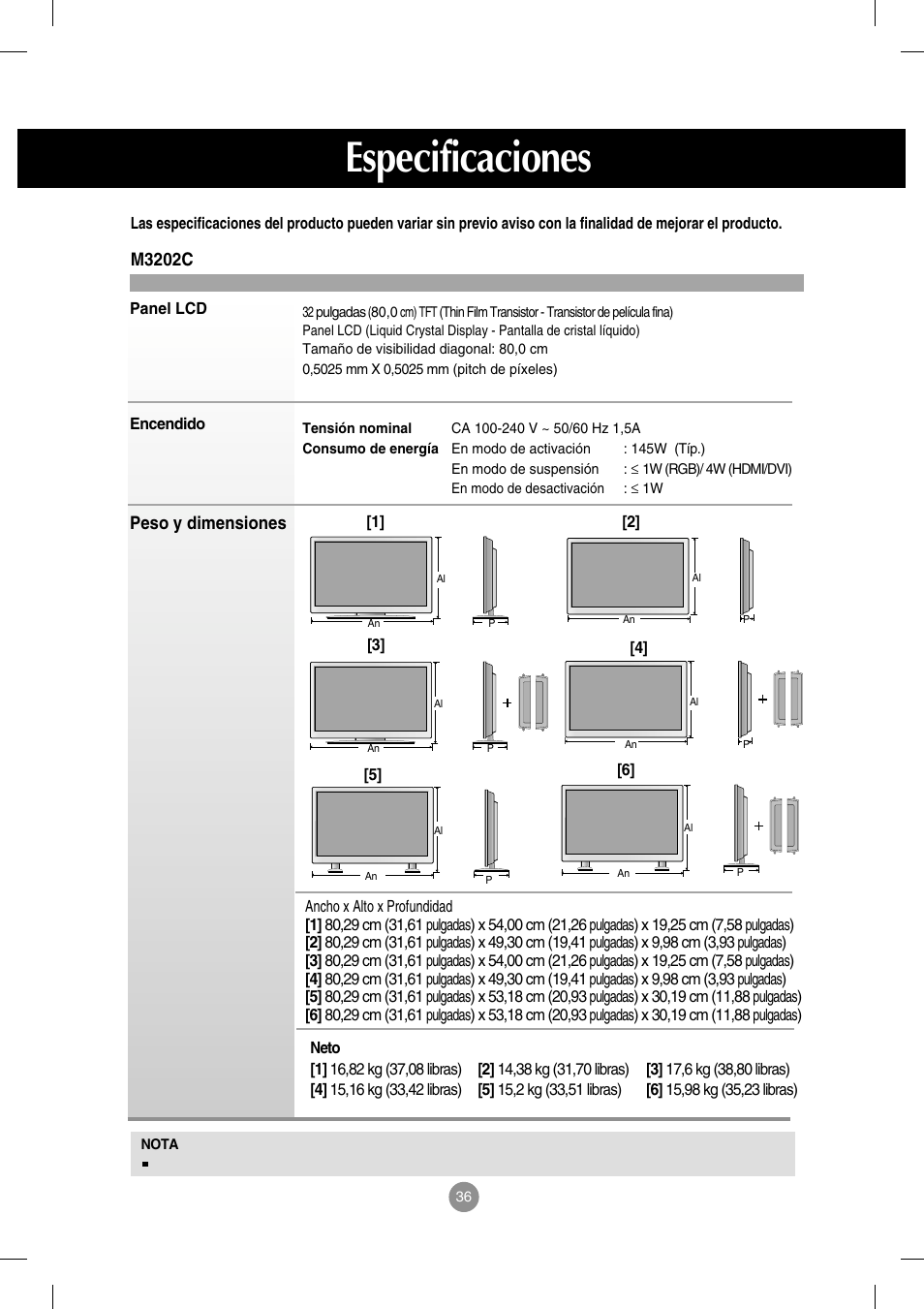 Especificaciones, M3202c, Peso y dimensiones | LG M3702C-BA Manual del usuario | Página 37 / 67