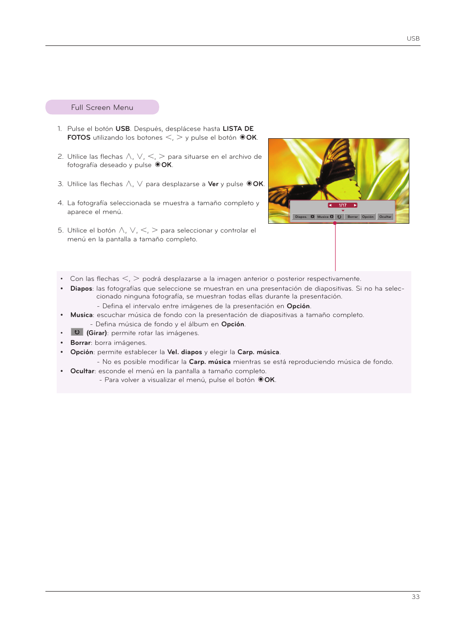 Full screen menu | LG HX300G Manual del usuario | Página 33 / 44