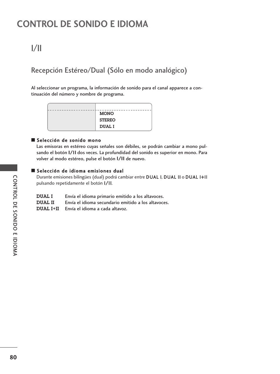 I/ii, Recepción estéreo/dual (sólo en modo analógico), Control de sonido e idioma | LG 42LY99 Manual del usuario | Página 82 / 116