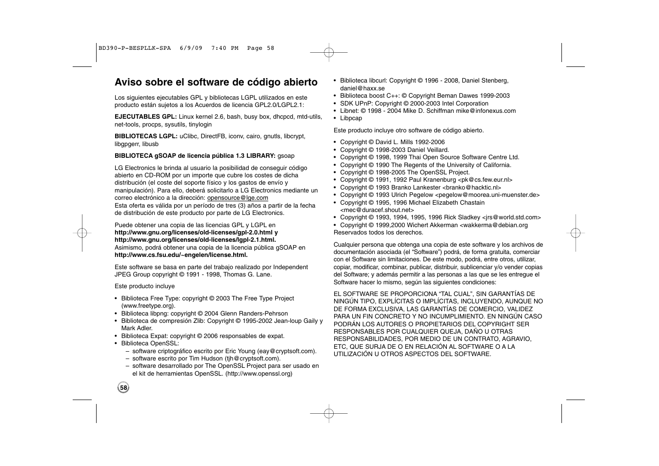 Aviso sobre el software de código abierto | LG BD390 Manual del usuario | Página 58 / 58
